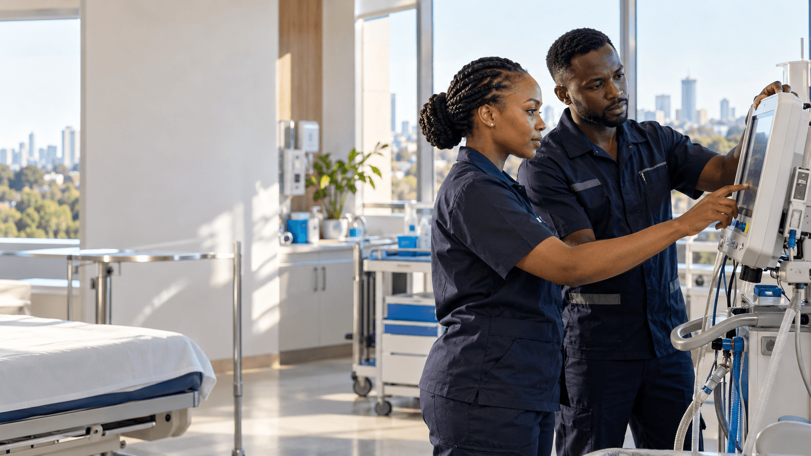Medical equipment professionals setting up clinical equipment in a modern healthcare facility