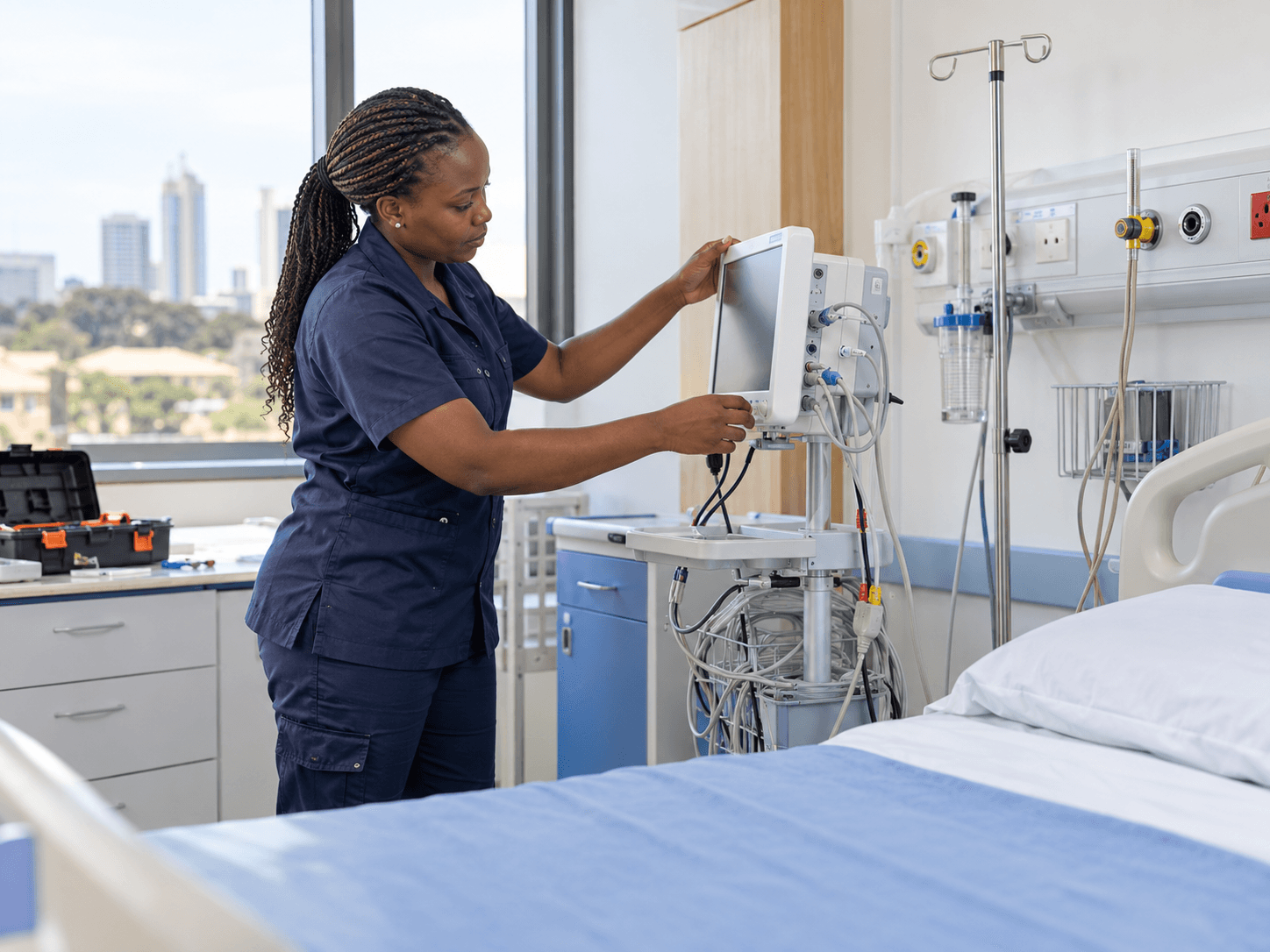A medical equipment professional preparing a patient monitoring station